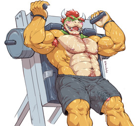 abs anthro areola armpit_hair barazoku beard biceps big_muscles big_penis blush bodily_fluids body_hair bottomwear bulge chest_hair claws clothed clothing collar deltoids dripping erection erection_under_clothing exercise eyebrows facial_hair genital_fluids genitals glans hair happy_trail horn huge_muscles humanoid_genitalia humanoid_penis looking_at_viewer male manly muscular muscular_anthro muscular_male narrowed_eyes navel nipples non-mammal_nipples obliques open_mouth open_smile pecs penis penis_poking_out penis_through_leghole precum precum_drip precum_on_leg precum_on_self precum_string pubes serratus shorts simple_background smile solo spiked_collar spikes standing sweat teeth thick_arms thick_thighs tongue topless topless_anthro topless_male wardrobe_malfunction weight_machine weightlifting weights wet wet_body white_background workout wristband berububs bowser_day mario_bros nintendo bowser dragon_koopa koopa scalie 2025 hi_res