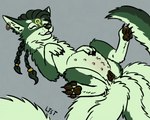 abdominal_bulge animal_genitalia animal_pussy braided_hair brown_pawpads brown_pussy canine_genitalia canine_pussy ear_piercing ear_ring facial_markings female feral forehead_markings forepaw_on_stomach fur genitals green_body green_fur hair hand_on_belly hand_on_own_belly head_markings long_tail lying markings multi_nipple multi_tail nipples on_back pawpads piercing presenting presenting_belly presenting_pussy pussy ring_piercing solo spread_legs spreading tail longtailshorttemper zalia_(longtailshorttemper) canid canine canis greenwolf mammal wolf 5:4 hi_res