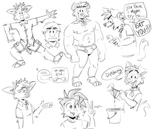 allcaps ambiguous_fluids anime_style anthro antlers bottomwear briefs bucket bulge cargo_shorts clothed clothing collar collared_shirt container dress_shirt eyebrows footwear gesture group hand_gesture holding_clothing holding_object holding_underwear horn humor male muscular muscular_male navel nipples open_mouth open_smile polo_shirt pun shirt shorts simple_background smile socks speech_bubble thick_eyebrows thong toeless_footwear toeless_socks toony topless topless_anthro topless_male topwear underwear v_sign white_background tinydeerguy darwin_(tinydeerguy) matt_riskely canid canine canis deer domestic_dog human mammal black_and_white hi_res monochrome sketch