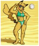 2019 3_toes 4_fingers absurd_res anthro anthrofied arm_tuft athletic athletic_anthro athletic_female ball barefoot border bottomwear bra breasts brown_eyes cheek_spots cleft_tail clothing elbow_tuft eyewear feet female fingers full-length_portrait fur generation_1_pokemon green_clothing hand_on_hip hi_res high_waisted_bottomwear looking_at_viewer megawolf77 midriff navel nintendo pikachu plantigrade pokemon pokemon_(species) pokemorph portrait pose solo sports_bra sports_panties standing sunglasses tail toes tuft underwear volleyball_(ball) white_border white_clothing yellow_body yellow_fur yellow_tail