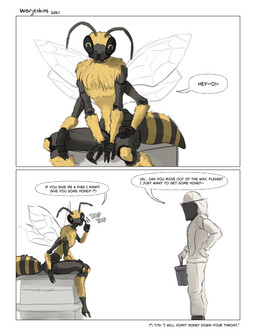 2_panel_comic 4_arms antennae_(anatomy) anthro arthropod_abdomen beekeeper bucket compound_eyes container dialogue exoskeleton faceless_character faceless_male female female_anthro fur fuzzy hand_on_hip holding_object looking_at_another looking_at_viewer male male/female male_human mandibles multi_arm multi_limb onomatopoeia sitting sound_effects standing text warjenkins arthropod bee honey_bee human hymenopteran insect mammal 2025 absurd_res comic digital_media_(artwork) english_text hi_res