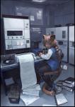anthro biped border chair clothed clothing computer detailed_background electronics female fully_clothed furniture holding_object inside kemono looking_at_viewer printer sitting solo transparent_border dentyou felid mammal 2013 alpha_channel hi_res restricted_palette