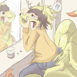 bodily_fluids brown_eyes brown_hair clothing container crying cup fur fur_growth growth hair hand_on_face interrobang looking_at_mirror looking_at_object looking_at_self male mid_transformation mirror multi_tail snout solo tail tail_growth tears tongue tongue_out torn_clothing transformation yellow_body yellow_fur sami_(pixiv) nintendo pokemon canid canine generation_1_pokemon mammal ninetales pokemon_(species) 1:1 2012