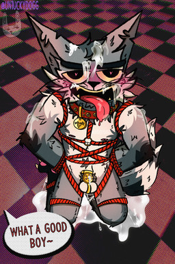 anthro arms_tied bdsm bent_legs blush blush_lines bodily_fluids bondage bound chastity_cage chastity_device collar cum cum_drip cum_in_ass cum_in_mouth cum_inside cum_on_face cum_on_penis dripping genital_fluids genitals hands_tied harness kneeling_oral_position male penis restraints rope rope_bondage solo un1uckydogg felid feline mammal absurd_res hi_res