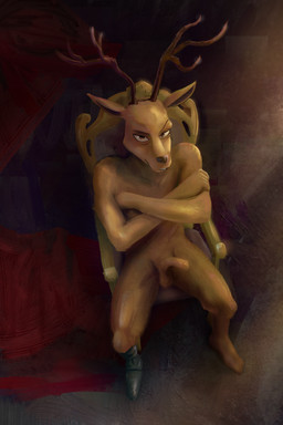 anthro balls chair furniture genitals half-erect high-angle_view male on_chair penis prosthetic prosthetic_leg prosthetic_limb sitting sitting_on_chair smile smiling_at_viewer smirk smirking_at_viewer solo flashbulbmemory beastars louis_(beastars) deer mammal 2:3 absurd_res hi_res