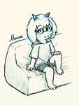 ambiguous_gender anthro barefoot blush bottomwear clothing cute_fangs eyewear fangs feet floppy_ears fur furniture glasses horn on_sofa paws shirt short_sleeves shorts simple_background sitting sitting_on_sofa smile sofa solo teeth topwear white_body white_fur milin_goatmonsto deltarune undertale_(series) ralsei bovid caprine goat mammal absurd_res hi_res