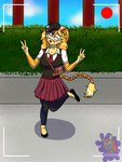 anthro bag beret bottomwear camera_view clothing female flats_(shoes) footwear hat headgear headwear light plant shoes shrub skirt solo sunlight sunny lamonadedead domestic_cat felid feline felis mammal 3:4 absurd_res character_request hi_res