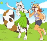 anthro ball blue_eyes blush breasts clothing dress duo female green_eyes hair heart_symbol midriff mottled navel outside piebald playing_ball shirt tank_top tennis_ball tongue tongue_out topwear white_hair young fuf aniko_rose selene_blackcat calico_cat canid canine canis domestic_cat domestic_dog felid feline felis mammal hi_res