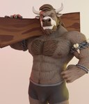 anthro beard body_hair brown_body brown_fur bulge buru_the_bull chest_hair chest_tuft clothing facial_hair fur horn log male muscular muscular_male nipples pecs rope rope_bracelet smile smirk solo tuft underwear wood buruthebull bovid bovine cattle mammal 3d_(artwork) absurd_res digital_media_(artwork) hi_res