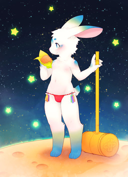 anthro blue_body blue_ears blue_fur blue_legs blue_markings clothed clothing cosmic_background food fur hammer holding_food holding_object leg_markings looking_aside male markings moon navel pink_inner_ear red_clothing red_thong red_underwear shota skimpy socks_(marking) starry_background thong tools underwear white_body white_ears white_fur young kane780302 lagomorph leporid mammal rabbit 2015 digital_drawing_(artwork) digital_media_(artwork)