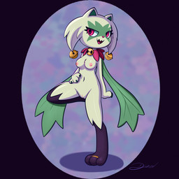 3_toes anthro bell biped breasts digit_ring eyelashes fangs feet female fur genitals green_body green_fur jewelry looking_at_viewer maskless navel nipples nude nude_anthro on_one_leg open_mouth open_smile pink_nipples pokemorph red_eyes ring simple_background smile smiling_at_viewer solo standing standing_on_toes teeth tiptoes toe_ring toes unmasked vulva toon_draw nintendo pokemon mirage_(toon_draw) felid feline felis generation_9_pokemon mammal meowscarada pokemon_(species) 1:1 2024 digital_media_(artwork) hi_res
