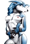 anthro blue_body blue_fur breasts clothing collar countershading crossgender cuff_(restraint) female fur genitals gloves handwear mostly_nude mtf_crossgender multicolored_body multicolored_fur nipples pose pussy restraints seductive shackles solo submissive submissive_female tokusatsu white_body white_fur wide_hips karabiner power_rangers power_rangers_spd super_sentai tokusou_sentai_dekaranger doggie_kruger canid canine mammal digital_media_(artwork) half-length_portrait hi_res portrait