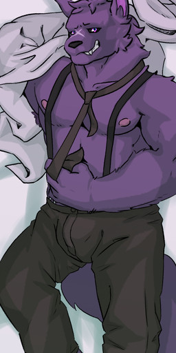 anthro bare_chest bed_sheet bedding body_pillow bulge clothing lying male muscular muscular_anthro muscular_male necktie nipples on_back pecs pillow scar shirt solo suggestive suit_pants suspenders topwear white_clothing white_shirt white_topwear woopling chaos_zero_nightmare hugo_(chaos_zero_nightmare) canid canine canis mammal wolf absurd_res hi_res