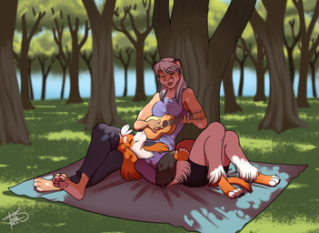 4_toes anthro athletic_wear barefoot blonde_hair bottomwear claws clothing cuddling duo eyes_closed feet female floppy_ears forest forest_background fur gym_bottomwear gym_shorts hair hoodie love lute lying lying_on_ground male male/female multicolored_body multicolored_fur musical_instrument nature nature_background on_back on_ground open_mouth open_smile orange_body orange_fur pawpads paws pink_pawpads plant plucked_string_instrument romantic romantic_couple shirt shorts smile soles string_instrument tank_top toes topwear tree two_tone_body two_tone_fur ukulele white_body white_fur white_hair yellow_body yellow_fur freckles_(artist) pecas_(freckles) tasimmet bird_dog canid canine canis cougar domestic_dog felid feline hunting_dog mammal spaniel welsh_springer_spaniel 2021