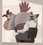 anthro beak big_butt black_body black_fur blue_eyes bottomwear brown_body brown_feathers butt butt_focus butt_smother chair clothing duo eyebrows feathers female fur furniture huge_butt male male/female multicolored_body multicolored_fur office office_chair office_clothing office_lady overweight overweight_female skirt slightly_chubby smothering tail tail_feathers thick_eyebrows thick_thighs tight_clothing two_tone_body two_tone_fur yellow_body yellow_eyes yellow_fur yellow_sclera doodledox beatrice_(doodledox) avian bird felid feline mammal owl