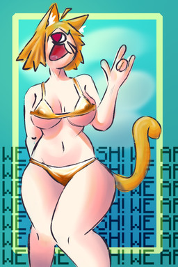 big_butt bikini blonde_hair butt clothing female gold_bikini hair light_body light_skin looking_at_viewer nipple_outline one_eye_closed open_mouth red_eyes solo swimwear tail two-piece_swimsuit wink not_for_bread golden_week tsukihime type-moon neco-arc animal_humanoid cat_humanoid domestic_cat felid felid_humanoid feline feline_humanoid felis humanoid mammal mammal_humanoid absurd_res hi_res portrait three-quarter_portrait