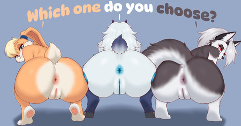 anthro anus big_butt blue_anus blue_eyes blue_vulva butt crouching feet female genitals group hooves looking_at_viewer looking_back looking_back_at_viewer nude nude_anthro nude_female pink_anus presenting presenting_anus presenting_hindquarters presenting_vulva pupils rear_view red_sclera side_by_side slit_pupils soles tail take_your_pick text toes trio vulva white_eyes scarabeo hellaverse helluva_boss league_of_legends looney_tunes mythology riot_games tencent warner_brothers kindred_(lol) lamb_(lol) lola_bunny loona_(helluva_boss) bovid canid canid_demon canine caprine demon hellhound lagomorph leporid mammal mythological_canine mythological_creature rabbit sheep english_text hi_res