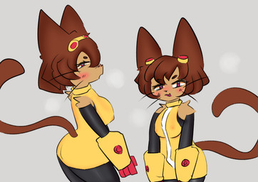anthro big_butt blush breasts brown_body brown_eyes brown_fur brown_hair butt clothing eyewear female fur goggles grey_background hair looking_at_viewer looking_back medium_breasts nipple_outline open_mouth simple_background solo standing tail thick_thighs whiskers wide_hips dblack gameoverse glitch_productions kit_bodega domestic_cat felid feline felis mammal 2026 absurd_res hi_res portrait three-quarter_portrait