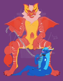 anthro balls blue_body blue_fur chain chain_leash chair claws collar dominant duo erection feet fur furniture genitals hair horn larger_dom leash male male/male master nude penis ryuu_(ryukai) sitting size_difference smile spread_legs spreading stinger stinger_tail tail teeth throne wings ryukai iranian_mythology middle_eastern_mythology mythology ryuu_kagayaki dragon felid kobold mammal manticore mythological_creature mythological_scalie reptile scalie absurd_res digital_media_(artwork) hi_res andromorph_(lore)