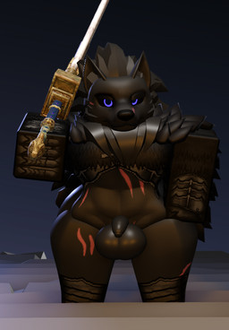 abdominal_scar anthro balls big_balls big_butt black_body black_cape black_clothing black_fur black_hair black_nose blue_eyes bottomless butt cape clothed clothing facial_scar front_view fur genitals hair holding_melee_weapon holding_object holding_weapon leg_scar male melee_weapon penis pose scar small_penis solo standing sword sword_on_shoulder thick_thighs weapon willie_piv elden_ring fromsoftware roblox blaidd_(elden_ring) canid canine canis mammal robloxian wolf 2025 3d_(artwork) digital_media_(artwork)