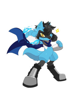 anthro aura boots clothing collar ear_piercing ear_ring footwear fur gloves handwear male multicolored_body multicolored_fur piercing ring_piercing scarf shoes solo yellow_eyes haozhufu nintendo pokemon fan_character foofy_(foofybluedoggo) canid canine generation_4_pokemon lucario mammal pokemon_(species) riolu 3:4 hi_res