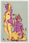 ambiguous_gender anthro border brown_body diaper diaper_tape glistening multiple_poses pink_eyes pose purple_body rear_view simple_background smile solo tail text white_border kadawampus kaddie animate_inanimate canid canine canis diaper_creature domestic_dog mammal 2016 2:3 digital_media_(artwork)