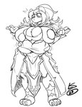 anthro armor big_breasts blush blush_lines breast_expansion breasts clothing expansion female hair huge_breasts hyper hyper_breasts motion_lines simple_background solo standing surprise text thick_thighs torn_clothing wardrobe_malfunction lunarspy rilao_(pandarilao) ailurid mammal red_panda 2023 monochrome signature watermark widescreen