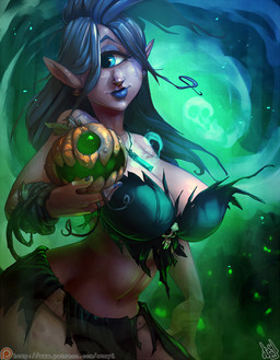 blue_eyes breasts cleavage clothed clothing colored_nails ear_piercing eyeshadow female food fruit hair humanoid_pointy_ears jack-o'-lantern lipstick long_hair makeup midriff nails not_furry patreon_logo patreon_username piercing plant pointy_ears pumpkin smile solo text website_logo atryl patreon cyclops humanoid 2017 english_text hi_res url