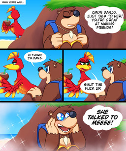4_fingers anthro backpack blue_eyes brown_body brown_fur coconut dialogue drupe_(fruit) duo eyelashes feathers female feral fingers food fruit fur green_eyes happy male plant red_body red_feathers speech_bubble teeth text tongue wings skelly_doll banjo-kazooie rareware banjo_(banjo-kazooie) kazooie avian bear bird mammal english_text hi_res
