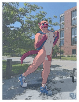 anthro backpack balls blue_eyes claws clothing eyebrows fangs finger_claws fingers flaccid footwear footwear_only foreskin fur genitals hip_markings humanoid_genitalia humanoid_penis leg_markings long_tail male male_anthro markings mostly_nude penis photo_background plantigrade public public_exposure public_nudity shoes shoes_on shoes_only skinny skinny_anthro skinny_male socks tail teeth toned_body toned_male walking nenanauso mohinya domestic_cat felid feline felis mammal cel_shading photography_(artwork) shaded