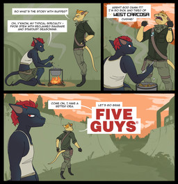 ambiguous_gender annoyed anthro barefoot black_body black_border boots border bottomwear campfire clock clothed clothing cooking cooking_pot cutlery detailed_background dialogue digitigrade digitigrade_footwear duo feet fingerless_gloves fire food footwear furgonomic_footwear furgonomics gloves gun hair handgun handwear holding_spoon holster humor kerchief kitchen_utensils kneeling male midriff neckerchief neckwear orange_hair outside pants pistol ranged_weapon red_hair sash shirt shoes shorts speech_bubble spoon standing tail tan_body tank_top tapering_tail text tools topwear watch weapon wristwatch skalamari five_guys project_silverfish the_castaway_(project_silverfish) the_wanderer_(project_silverfish) inheritor lizard reptile scalie 2026 comic english_text hi_res signature