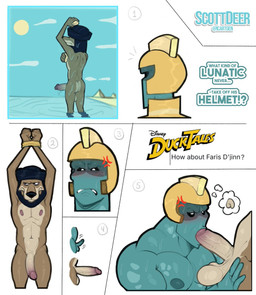 anthro armor balls bathing being_watched blush bound butt clothing cross-popping_vein duo fellatio genitals hands_tied headgear headgear_only headwear headwear_only helmet helmet_only looking_at_another male mostly_nude muscular muscular_male nipples nude oral penile penis penis_size_difference sex standing text thought_bubble scottdeer disney ducktales ducktales_(2017) faris_djinn general_lunaris alien alien_humanoid canid canine humanoid mammal comic english_description english_text
