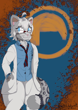 ambiguous_gender anthro big_ears blue_clothing blue_shirt blue_topwear bottomwear box_art clothing coat lab_coat loose_tie pants science_team scientist shirt slim solo topwear whiskers white_bottomwear white_clothing white_pants vvitchpunk half-life valve felid mammal pantherine snow_leopard absurd_res hi_res nonbinary_(lore)