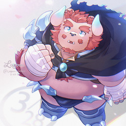 anthro armor belly blue_eyes blush bulge cape chibi clothing facial_hair fur horn male mustache pink_body pink_fur slightly_chubby solo thong unconvincing_armor underwear lagoon_bluebear lifewonders tokyo_afterschool_summoners chernobog_(tas) demon 1:1 hi_res
