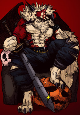 abs accessory amber_eyes anthro aroused athletic athletic_male ball_bulge barazoku bat_wings belt biceps big_muscles big_pecs biped black_markings blood bodily_fluids body_hair bottomwear bulge chair chest_fur chest_hair chest_tuft claw_fingers claws clothed clothing detailed_bulge dipstick_ears ear_markings ear_piercing facial_markings fingers first_person_view fluffy fluffy_chest fluffy_tail food for_a_head front_view fruit fur furniture genital_outline genitals glans grin hair head_markings holidays jack-o'-lantern jewelry long_tongue looking_at_viewer looking_down low-angle_view male male_anthro manly markings melee_weapon membrane_(anatomy) membranous_wings multicolored_body multicolored_ears multicolored_fur multicolored_hair muscular muscular_anthro muscular_male muscular_thighs naughty_face navel neck_tuft nervous nervous_sweat nipples open_mouth pants pecs penis penis_outline piercing plant pose pumpkin pumpkin_head quads red_background red_body red_fur saliva scar sharp_teeth simple_background sitting skull_throne smile snout solo spiky_fur spiky_hair sweat sword tail tan_background tan_body teeth tenting thick_arms thick_thighs throne tight_clothing tongue tongue_out topless torn_bottomwear torn_clothing torn_pants triceps tuft two_tone_body two_tone_fur vein veiny_penis weapon white_body white_fur white_hair wings yellow_body yellow_eyes jwbash epic_games fortnite game_freak halloween mythology nintendo pokemon kyoto_rex lycan_west_(fortnite) canid canine dusk_lycanroc generation_7_pokemon lycanroc mammal mythological_canine mythological_creature object_head pokemon_(species) werecanid werecanine werecreature werewolf 2025 absurd_res digital_media_(artwork) hatching_(art) hi_res shaded