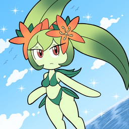 accessory bikini breasts clothed clothing female flower green_body green_hair hair looking_at_viewer not_furry orange_eyes palmorph plant red_eyes sea solo swimwear thick_thighs two-piece_swimsuit water mr_harinezumi palworld pocketpair elemental_creature elemental_humanoid flora_fauna humanoid lyleen_(pal) mammal pal_(species) plant_humanoid 1:1 absurd_res hi_res