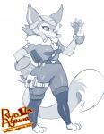 anthro belt breasts clothing female gun hair hat headgear headwear heart_symbol ranged_weapon raygun simple_background smile solo weapon white_background wrist_gun wrist_weapon ryo_agawa penny_fox canid canine fox mammal digital_media_(artwork) monochrome