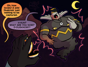 1_eye 5_fingers antennae_(anatomy) anthro belly belly_mouth biceps big_muscles big_pecs black_body black_hair brown_body brown_skin dialogue duo fingers ghost_tail grey_body growth hair human_to_anthro jewelry loss_of_speech luxury_ball male mid_transformation moon muscle_growth musclegut muscular muscular_male necklace night nipples offscreen_character oral overweight overweight_male pecs pokeball pokemon_speak species_transformation speech_bubble speech_change tan_body tan_skin text transformation articulatedartisan nintendo pokemon dusknoir generation_4_pokemon ghost human mammal pokemon_(species) spirit 2025 digital_drawing_(artwork) digital_media_(artwork) english_text hi_res