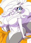 2023 anthro big_breasts blue_eyes breasts chloe_sinclaire cleavage clothed clothing conditional_dnp female fur grey_body grey_fur hair huge_breasts jollyjack looking_back mammal mephitid simple_background skunk solo white_body white_fur white_hair yellow_background