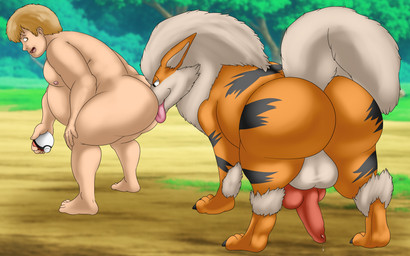 animal_genitalia animal_penis balls bent_over big_balls big_butt bodily_fluids butt butt_sniffing canine_genitalia canine_penis duo feral field genital_fluids genitals interspecies knot male male/male nude overweight overweight_male penis pokeball pokephilia precum sniffing tongue tongue_out camp14 nintendo pokemon arcanine generation_1_pokemon human mammal pokemon_(species) absurd_res hi_res