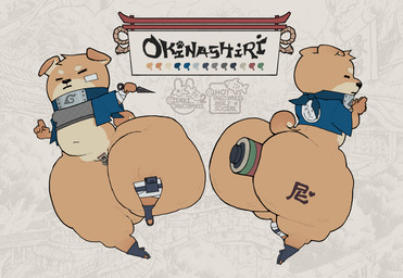 anal anal_penetration annoyed anthro band-aid bandage bandage_on_cheek belly big_butt black_eyes black_nose blue_clothing blue_jacket blue_topwear bottom_heavy brown_body brown_fur butt butt_tattoo cjk_character clothing covered_penis cropped_jacket cropped_tank_top curled_tail curvy_figure dot_eyes eyebrows eyes_closed femboy fingers fishnet_tank_top floppy_ears footwear front_and_back fur gesture hand_gesture heart_symbol heart_tattoo holding_melee_weapon holding_object holding_weapon huge_butt huge_thighs hyper hyper_butt hyper_thighs jacket japanese_tattoo kunai maebari male male_penetrated melee_weapon moobs multicolored_body multicolored_fur naruto_headband navel ninja object_in_ass pear-shaped_figure penetration shoes shortstack shortstack_male simple_eyes slightly_chubby slightly_chubby_anthro slightly_chubby_male solo tail tattoo text thick_thighs throwing_knife toeless_footwear toeless_shoes topwear two_tone_body two_tone_fur voluptuous voluptuous_anthro voluptuous_male warrior weapon wide_hipped_anthro wide_hipped_male wide_hips takedo okinashiri_(coleson) canid canine canis domestic_dog mammal shiba_inu spitz 2025 absurd_res character_name colored digital_drawing_(artwork) digital_media_(artwork) hi_res model_sheet