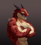 abs anthro biceps black_horn claws crossed_arms gradient_background horn male muscular muscular_anthro muscular_male open_mouth pecs red_body red_scales scales simple_background solo standing tan_body tan_scales teeth warsyl brawlhalla mythology ragnir_(brawlhalla) dragon mythological_creature mythological_scalie scalie 2019 digital_media_(artwork)