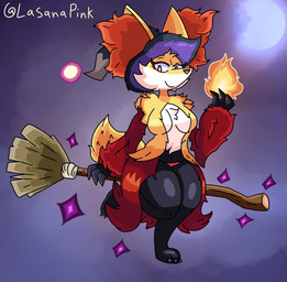 anthro black_claws breasts broom claws cleaning_tool clothing female fur multicolored_body multicolored_fur red_body red_clothing red_fur red_underwear solo thick_thighs underwear witch_costume yellow_body yellow_fur lasanapink nintendo pokemon delphox generation_6_pokemon pokemon_(species) hi_res
