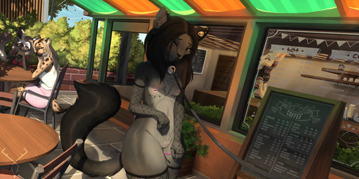 anthro areola armwear barbell_piercing bell bell_collar beverage big_breasts big_ears big_tail black_body black_fur black_hair blonde_hair bodily_fluids bodily_fluids_in_pussy bone bottomwear breasts brick_wall brown_hair building chair chalkboard chest_tuft clitoral_hood clitoral_hood_piercing clitoris clothing coffee coffee_cup coffee_shop collar collar_only colored_nails container countershade_face countershade_fur countershade_legs countershade_torso countershading cup day dripping ear_piercing exhibitionism eyelashes female first_person_view fishnet_armwear fishnet_clothing fishnet_legwear fist fluffy fluffy_tail fur furniture genital_fluids genital_piercing genitals grey_body grey_fur hair hands_together hands_together_elbows_apart head_tilt inner_ear_fluff jewelry leaning leaning_forward leaning_on_table leash leash_pull leashed_collar leashing_pov leashing_viewer legwear light looking_at_another looking_at_viewer looking_back looking_back_at_another looking_pleasured low_cut_shirt medium_breasts multicolored_body nails narrowed_eyes navel navel_piercing nipple_barbell nipple_piercing nipples nude nude_anthro nude_female open_mouth outside penetration piercing plant plant_pot potted_plant public public_nudity seductive sex_toy sex_toy_in_vagina sex_toy_insertion short_tail shrub sitting_cross-legged skirt skull skull_accessory solo spots squish standing stone_floor straight_hair sunlight table tail tan_body tan_fur tan_hair text thick_thighs thigh_squish torn_clothing torn_fishnet_clothing tuft two_tone_body two_tone_face under_shade vaginal vaginal_fluid_drip vaginal_fluid_string vaginal_fluids vaginal_fluids_on_leg vaginal_penetration vibrator vibrator_in_vagina vulva walking walking_towards_viewer wall_(structure) wavy_hair white_body white_fur wide_hips window wireless_vibrator axislewdsrep lovense lovense_lush adele_(axislewdsrep) mara_rossi paige_(snapshotstami) bat-eared_fox canid canine domestic_cat felid feline felis fox hyena mammal 2:1 absurd_res colored english_text hi_res shaded