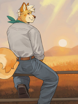anthro belt blush bottomwear clothing countershade_face countershading denim denim_bottomwear denim_clothing fence fur furgonomic_pants hair jeans kerchief looking_back male male_anthro mountain orange_body orange_fur pants sitting sitting_on_fence smile solo sunset tail tan_body tan_fur tan_hair teeth gol1ath canid canine canis domestic_dog hybrid hyena mammal shiba_inu spitz 2025 hi_res