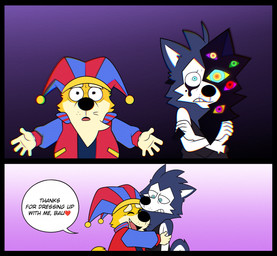 2_panel_comic 5_fingers anthro black_border black_clothing black_nose black_shirt black_tank_top black_topwear blue_body blue_eyes blue_fur bodily_fluids border clothed clothing cosplay countershading crossed_arms crossover_cosplay crying dialogue duo eyes_closed fingers fool's_hat fur happy hat headgear headwear heart_after_text hug jacket jester jester_outfit male open_mouth open_smile red_clothing red_jacket red_topwear shirt smile speech_bubble spread_arms tank_top tears text thanking topwear two_panel_image white_body white_countershading yellow_body yellow_fur gabshiba gab_(comic) glitch_productions the_amazing_digital_circus bau_husky gab_shiba pomni_(tadc) abstraction_(tadc) canid canine canis domestic_dog husky mammal nordic_sled_dog shiba_inu spitz 2026 comic crossover digital_drawing_(artwork) digital_media_(artwork) english_text hi_res