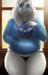 anthro blue_eyes clothed clothing delta_rune_(emblem) female front_view fur hair hoodie horn mature_female partially_clothed slightly_chubby slightly_chubby_anthro slightly_chubby_female solo symbol symbol_on_clothing symbol_on_topwear thick_thighs thong topwear underwear white_body white_fur white_hair window poptart_paints undertale undertale_(series) toriel boss_monster_(undertale) bovid caprine goat mammal absurd_res hi_res