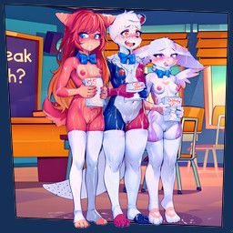 adolescent anthro biped blue_eyes blush bodily_fluids bow_tie breasts classroom clothing cum cum_in_hair cum_on_breasts cum_on_clothing cum_on_face desk feet female fur furniture genital_fluids genitals group hair holding_object inside legwear licking licking_lips licking_own_lips mostly_nude multicolored_body nipples plantigrade pupils purple_eyes red_hair school standing table thick_thighs thigh_highs tongue tongue_out trio vulva white_body white_fur young young_anthro young_female ai_assisted ai_generated_background sicmop mythology avian gryphon mythological_avian mythological_creature 1:1 2025 absurd_res alpha_channel hi_res