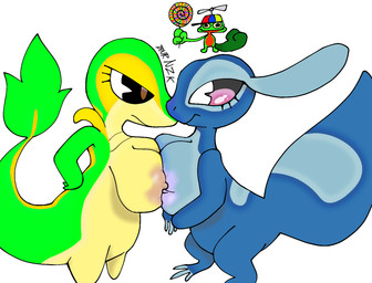 big_breasts blue_body breasts duo female green_body rivals bnrnzk nintendo pokemon pokemon_winds_and_waves gecqua generation_10_pokemon generation_3_pokemon generation_5_pokemon humanoid pokemon_(species) reptile scalie snivy treecko 2026
