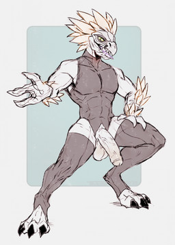 3_fingers 3_toes anthro arm_feathers arm_tuft balls claws clothed clothing digitigrade feather_hair feathered_crest feathers feet fingers genitals green_eyes half-erect hand_on_leg hand_on_own_leg hand_on_own_thigh hand_on_thigh head_crest humanoid_genitalia humanoid_penis legwear leotard looking_at_viewer male non-mammal_balls penis pseudo_hair pupils sharp_teeth slit_pupils solo standing stockings teeth thigh_highs tight_clothing toe_claws toes tongue tongue_out tuft yellow_body yellow_feathers furikake halo_(series) microsoft xbox_game_studios alien avian kig-yar scalie t'vaoan colored hi_res restricted_palette sketch